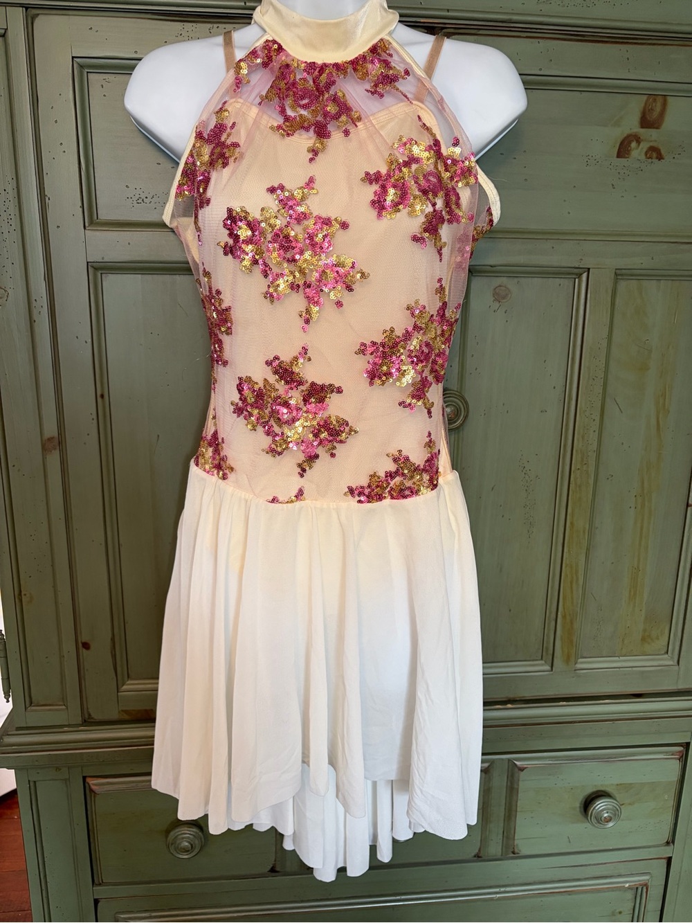 Curtain Call/Weissman Halter Dance Dress with Pink & Gold Sequin Floral Bodice